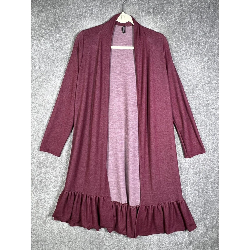 Edista‎ Open Front Ruffle Hem Lightweight Duster Sweater Womens Large Burgundy
